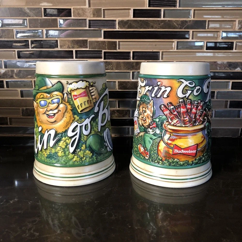 2 Anheuser Budweiser Mugs Stein Erin Go Bud‎ Leprechaun St Patrick's Day 1992